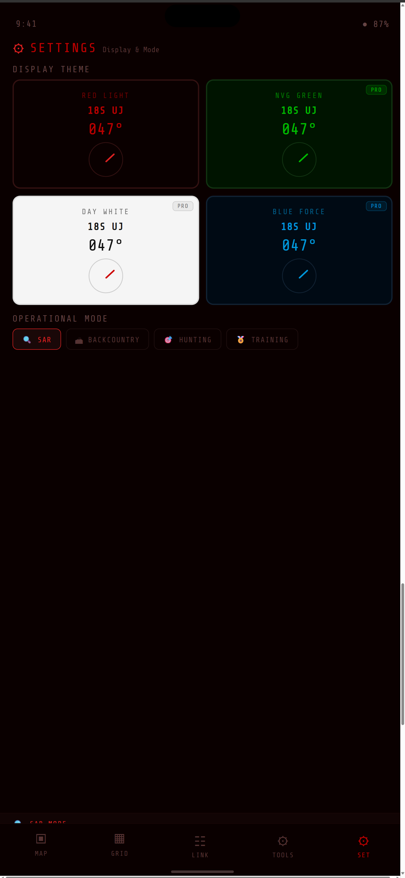 Four display themes including NVG and Red Light