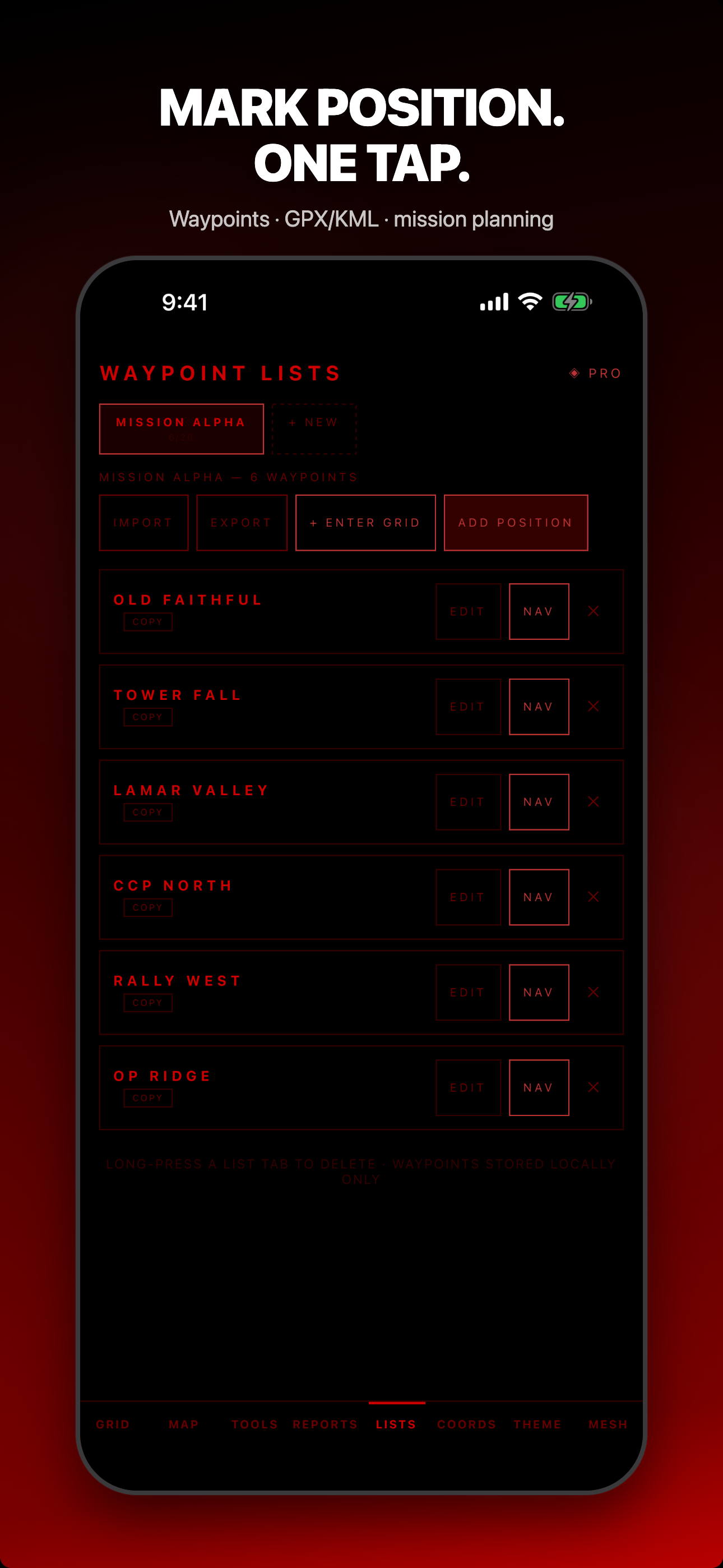 Marquage de position et listes de points de repère de mission