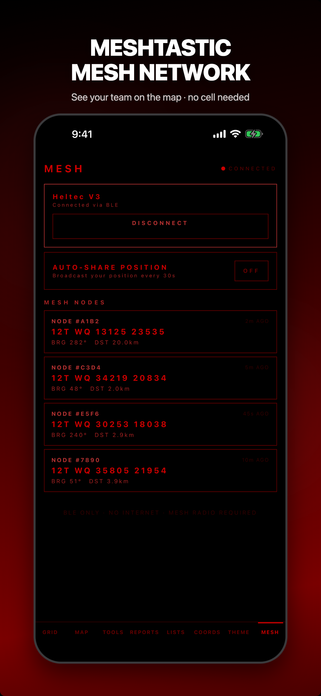 Réseau maillé Meshtastic avec radio connectée et liste de nœuds